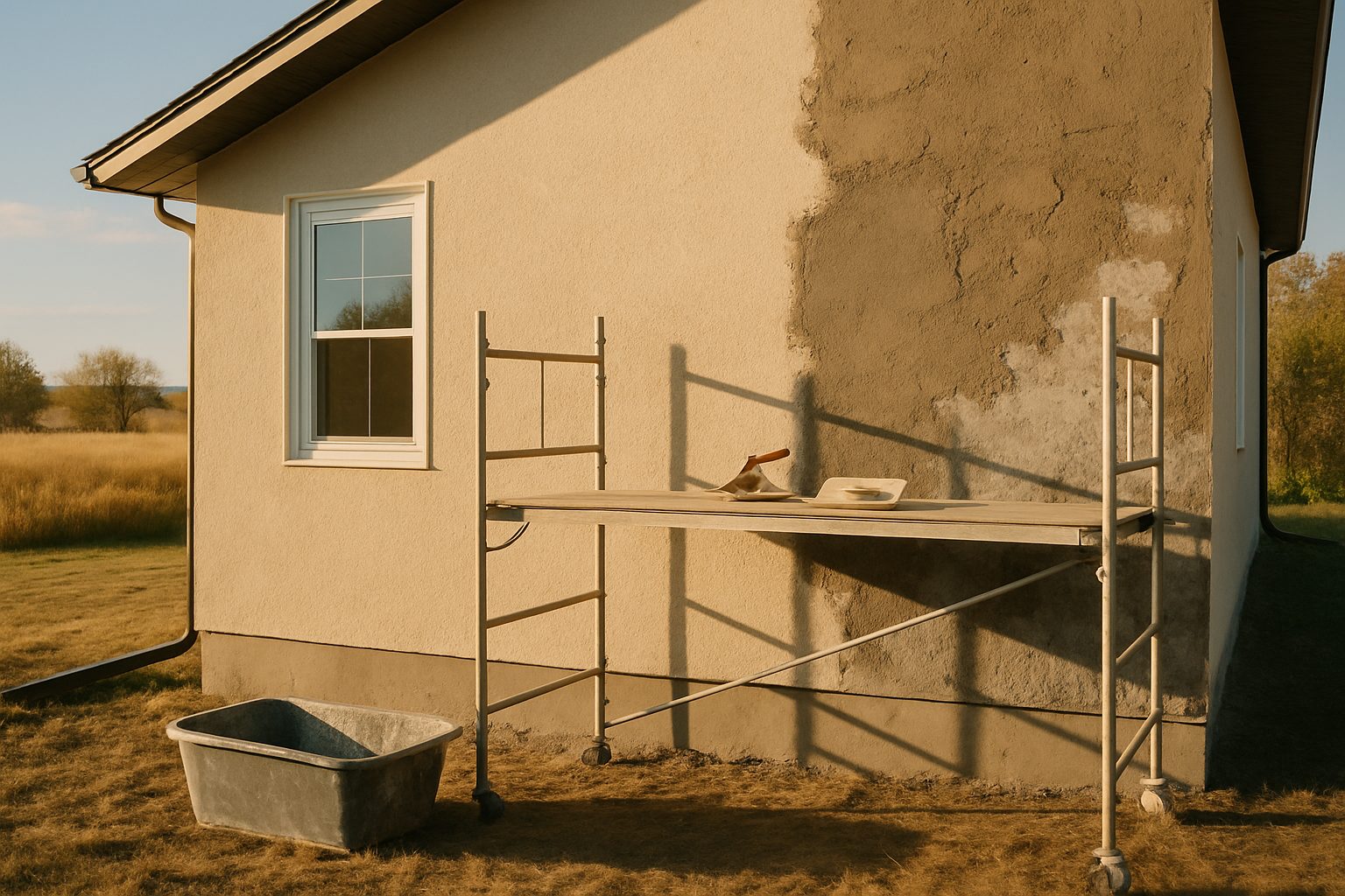 Stucco wall repair in progress on a Winnipeg home